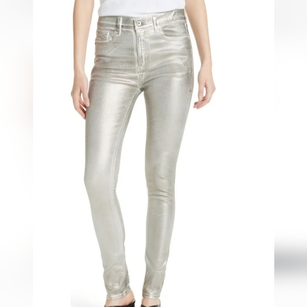 RAG & BONE SILVER METALLIC HIGH RISE SKINNY JEANS.